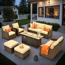 XIZZI 7 Pieces Outdoor Patio Furniture, All Weather Rattan Outside Chair Set, High Back Wicker Conversation Set with 54" Fire Pit Table for Garden, Beige