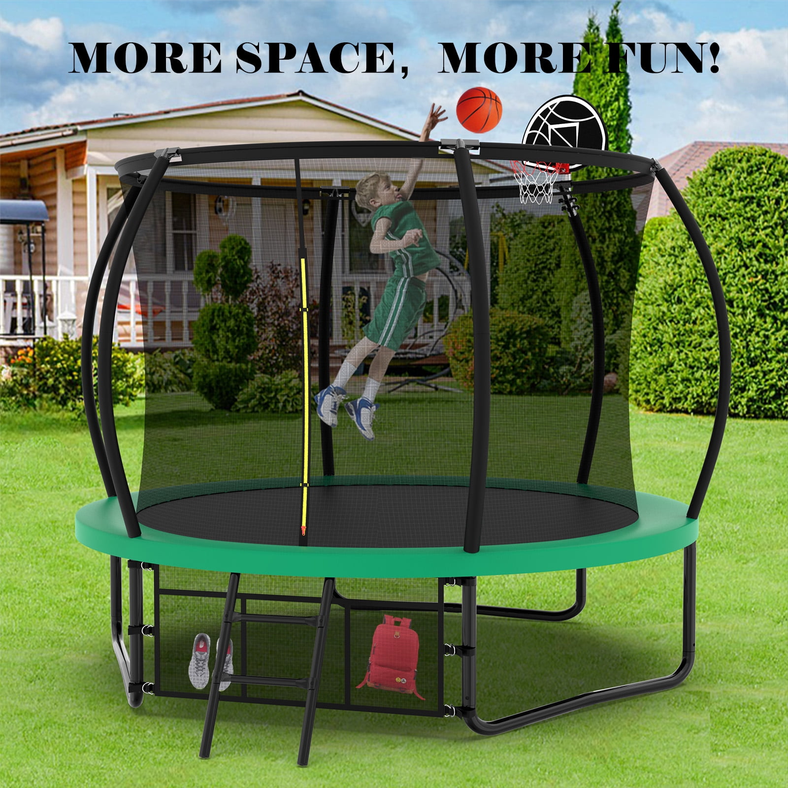 EUROCO Outdoor Trampoline with Basketball Hoop & Two-Step Stairs, 10FT 12FT 14FT 15FT 16FT Trampoline for Adults and Kids