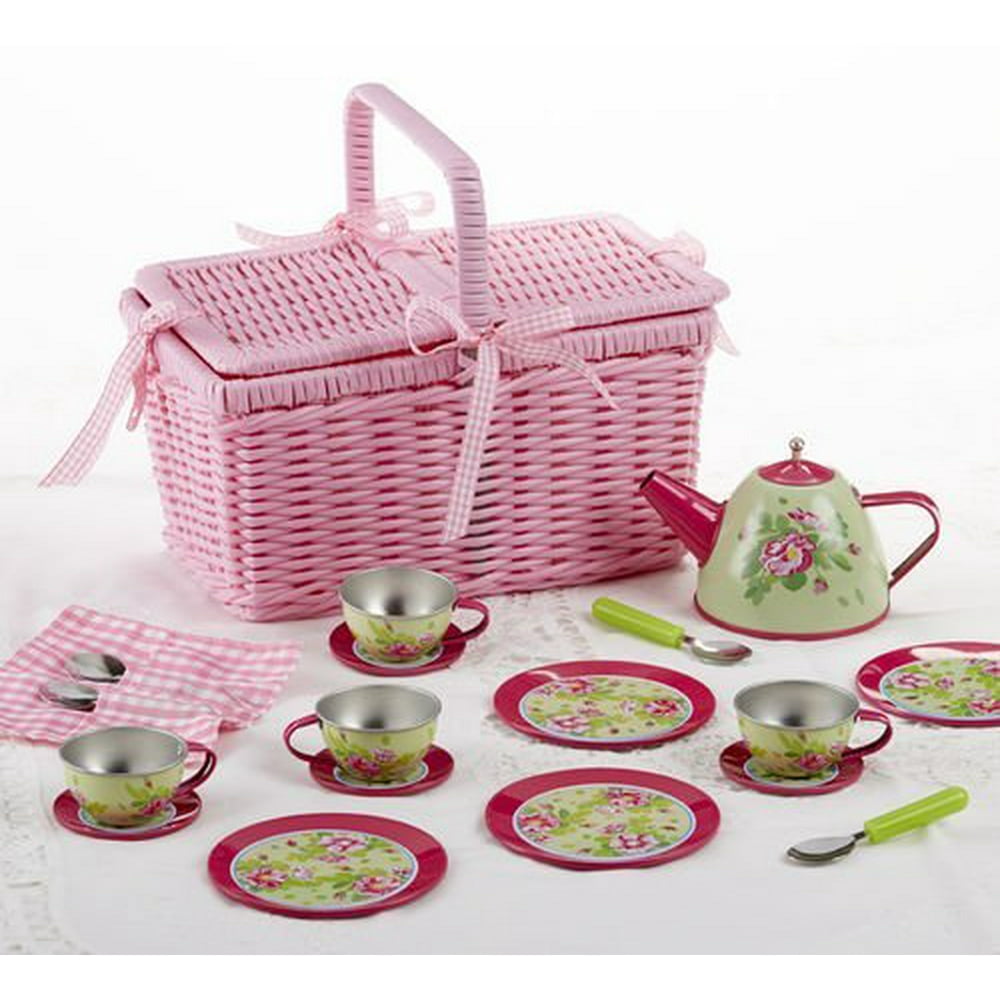 Delton Products Tin 18 Piece Tea Set with Basket, Pink Flower, 4