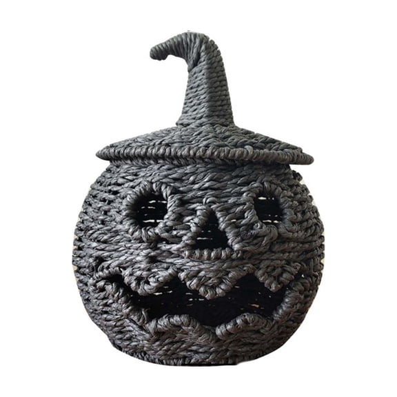 Halloween Woven Seagrass Pumpkin, Handwoven Pumpkin Basket with Witch Hat Lid, Rustic Wicker Pumpkins Bucket for Candy Storage & Festival Display, Table Fireplace Farmhouse Decor