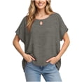 thumbnail image 4 of CYMMPU Women's Summer Solid Color Crew Neck Faux Linen Batwing Top, Loose Short Sleeve Casual Lightweight Blouse Gray M, 4 of 6