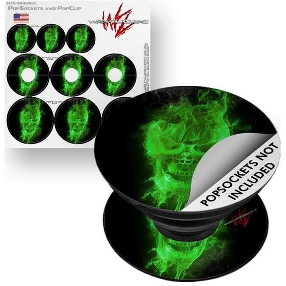 Decal Style Vinyl Skin Wrap 3 Pack for PopSockets Flaming Fire Skull Green (POPSOCKET NOT INCLUDED) by WraptorSkinz