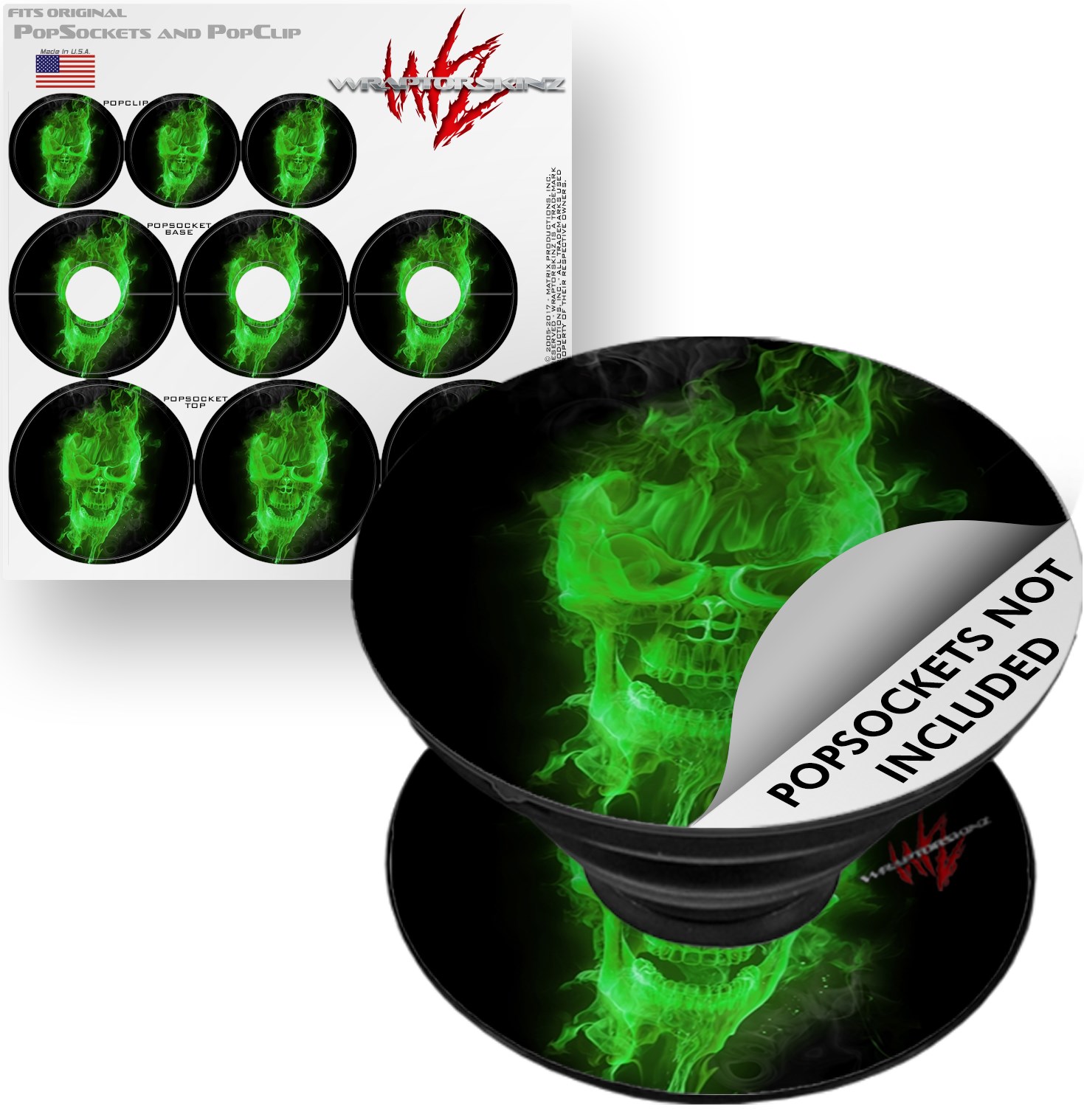 Decal Style Vinyl Skin Wrap 3 Pack for PopSockets Flaming Fire Skull Green (POPSOCKET NOT INCLUDED) by WraptorSkinz