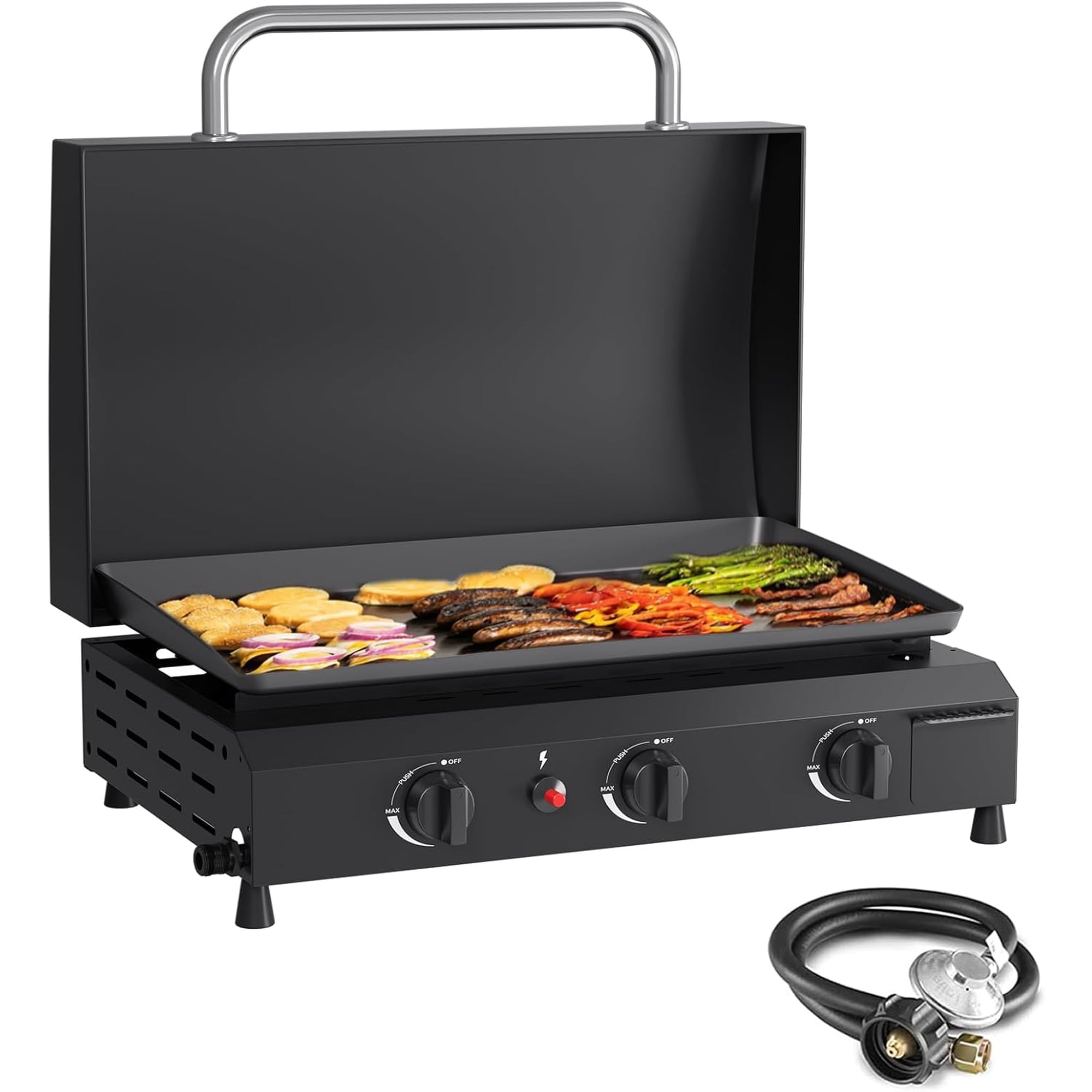 3 Burner Gas Griddle with Hood- 23.3 Inch Outdoor Propane Griddle-45000 BTU Propane Fuelled, Portable Flat Top Gas Grill Camping Griddle with Lid for Kitchen, Outdoor BBQ, Camping Black-Tabletop