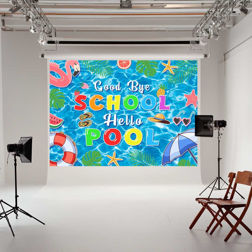 5X3ft Goodbye School Hello Pool Party Backdrop Pool Tropical Photography Background Seasonal Summer Backdrop for Indoor Outdoor Garden Themed Party Supplies Home Decorations