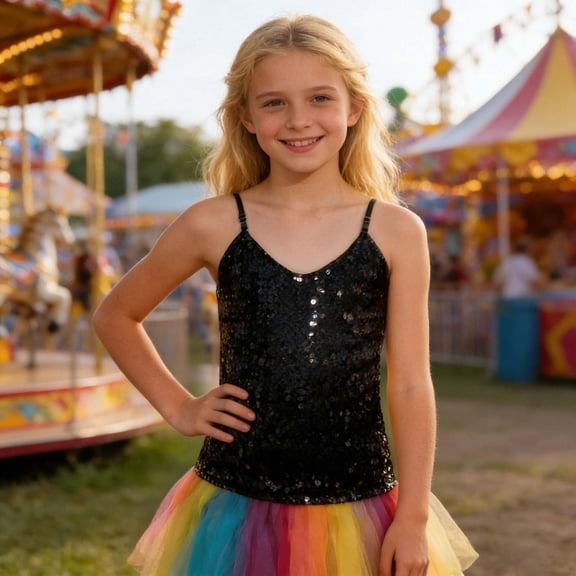Girls Adjustable Elastic Band Sequin Crop Top for Children and Carnival Party Wear T-Shirts Kids Short Sleeve Crewneck Solid Basic Tees Casual Tops