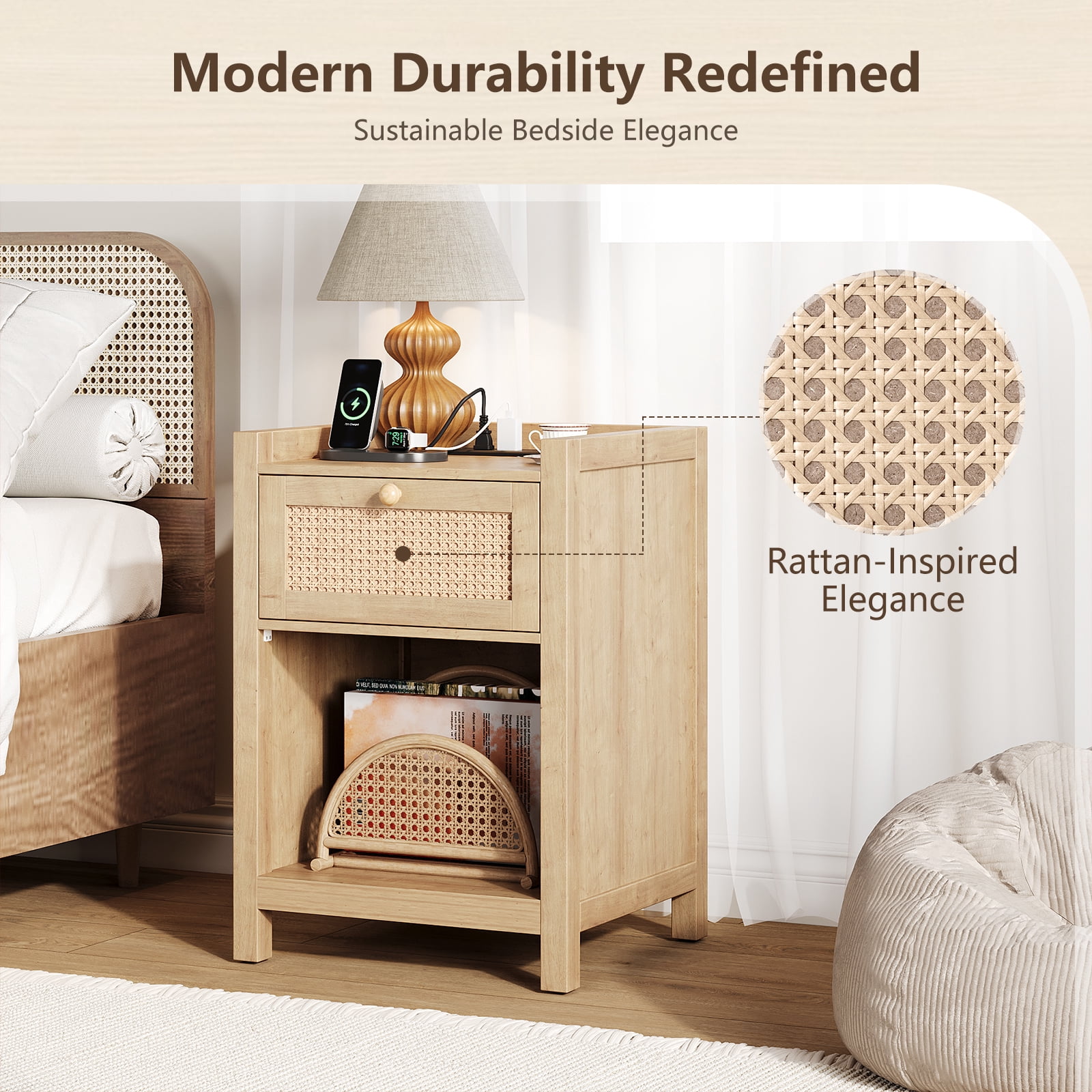 Holliwill Nightstand for Bedroom Set of 2 with Charging Station, Boho Rattan Modern Bedside Tables with Type-C port, USB port, Bed Side Tables End Table - Natural Oak