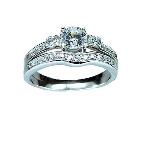 Edwin Earls Two Piece Three Stone Cz Diamond Wedding Ring Set, 1.50 Ct, 925 Sterling, Rhodium Plated