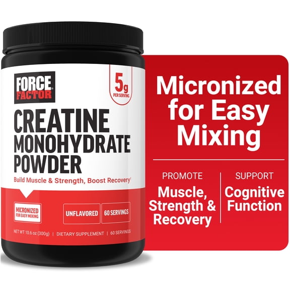 Creatine Monohydrate, Creatine Powder for Muscle Gain, More Strength, and Faster Workout Recovery, Clinically Studied Micronized Creatine 5g Dose Per Serving, Unflavored, 60 Servings by Force Factor