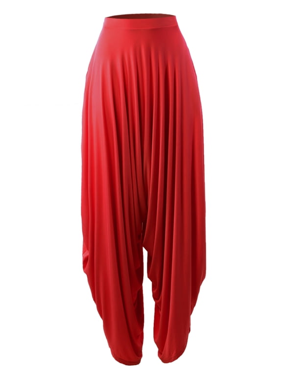 Women's Baggy Elastic Ban Wide Leg Pockets Harem Pants Red L