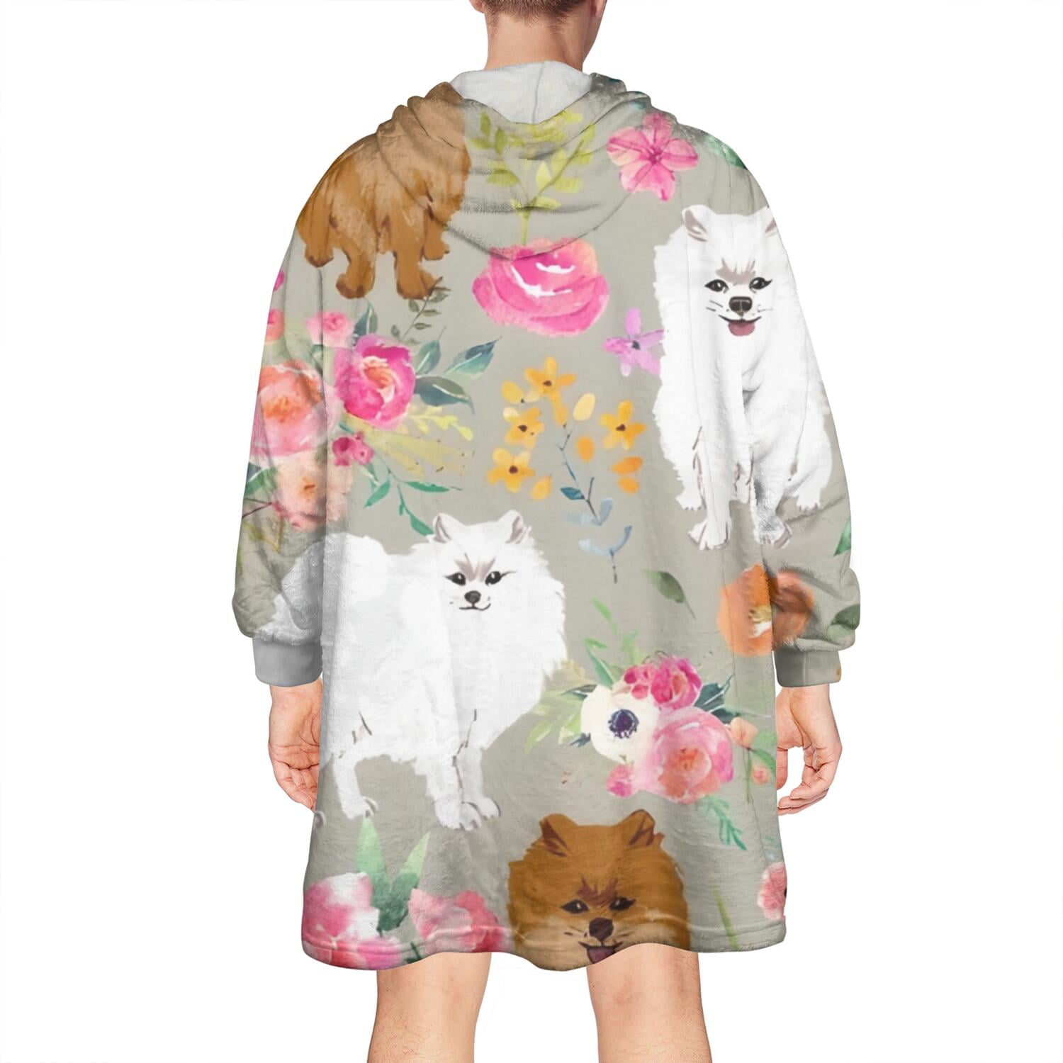Pomeranian Dog and Flower Floral Wearable Oversized Blanket,Wearable Blanket Hoodie for Adults,Cozy Hooded Blankets with Super Pockets,Super Warm Fuzzy Pullover for Women & Men