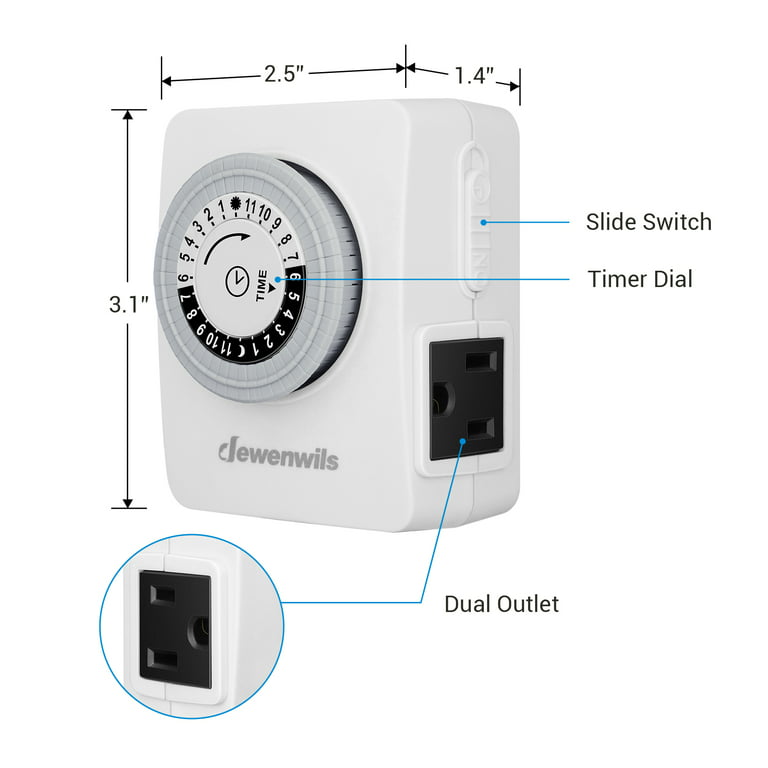 DEWENWILS 24-Hour Indoor Mechanical Outlet Timer, Timers for Electrical  Outlets with 2 Grounded Outlet, Daily On/Off Cycle, Programmable Plug in  Timer