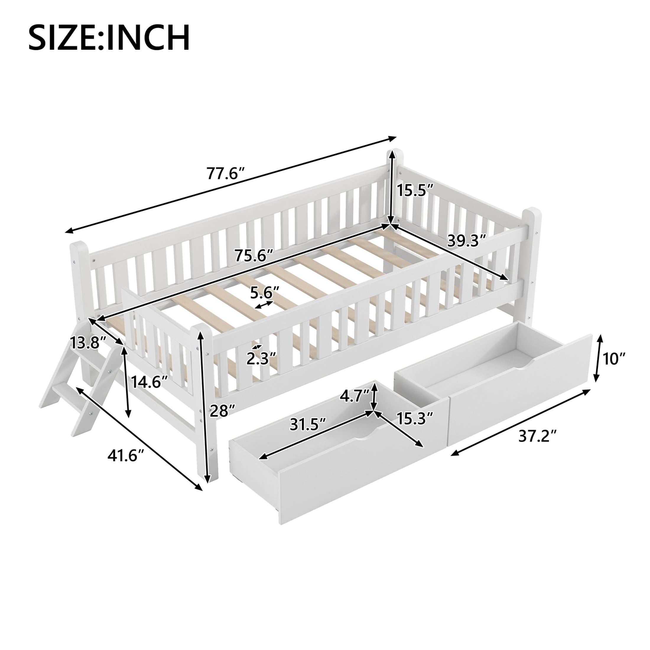 Noble House Wood Twin Platform Bed, Semi-Enclosed Fence Guardrail Bed with Storage Drawers, Solid Pine Wood, White