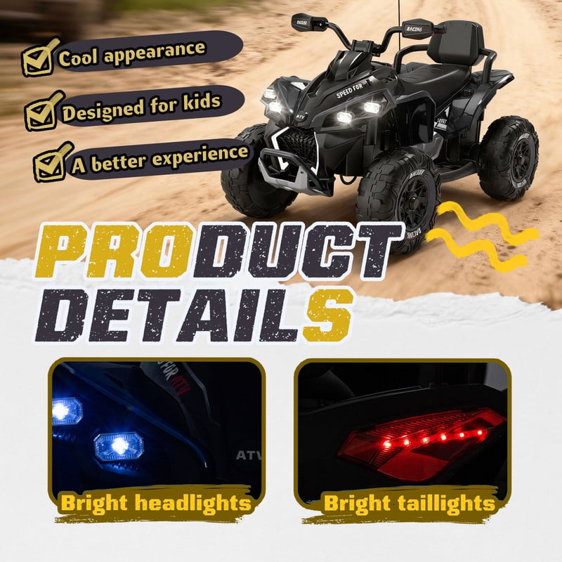 Gundir 24V Kids Ride On Electric ATV with Remote Control, 4-Wheel Shock Absorber, Storytelling, Music, LED Lights, USB/MP3, Speeds 1.24-3.73MPH, Black