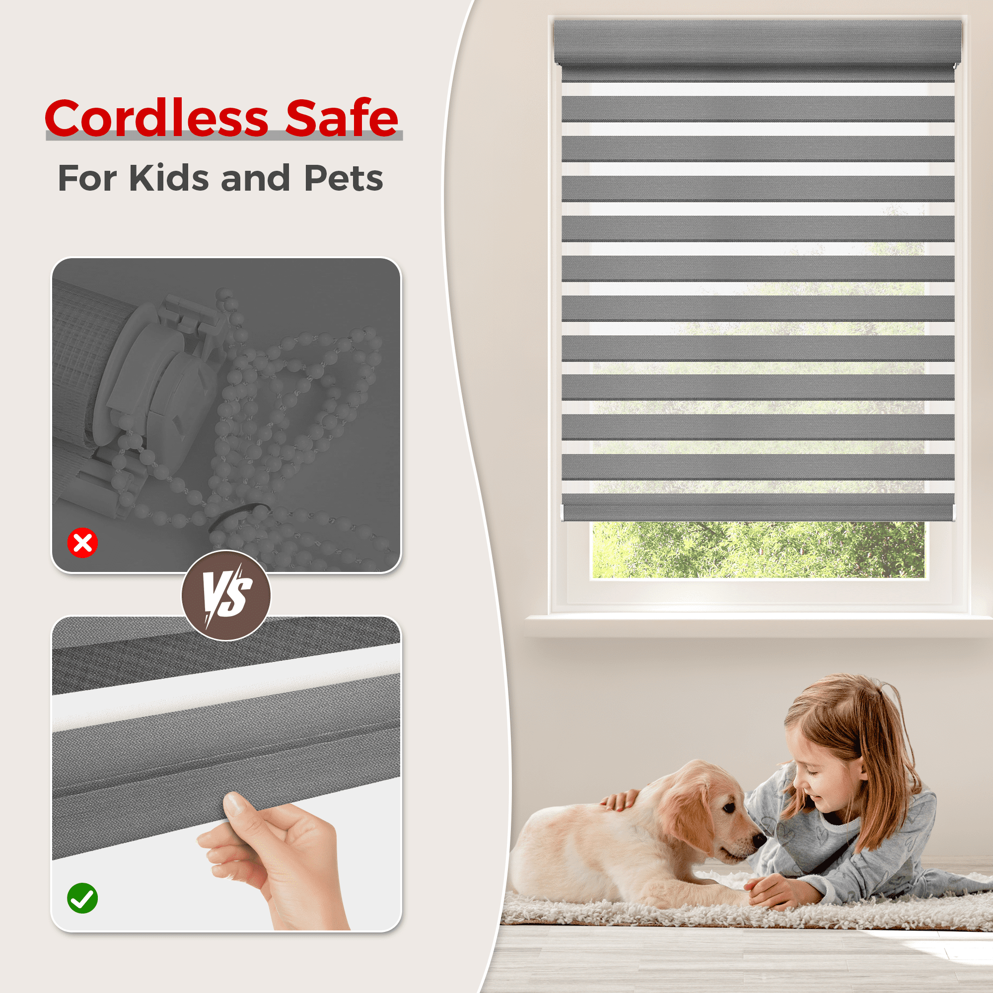 Allesin Zen No Drill No Tools Cordless Zebra Blinds, Gray, 34.5"Wx72"H