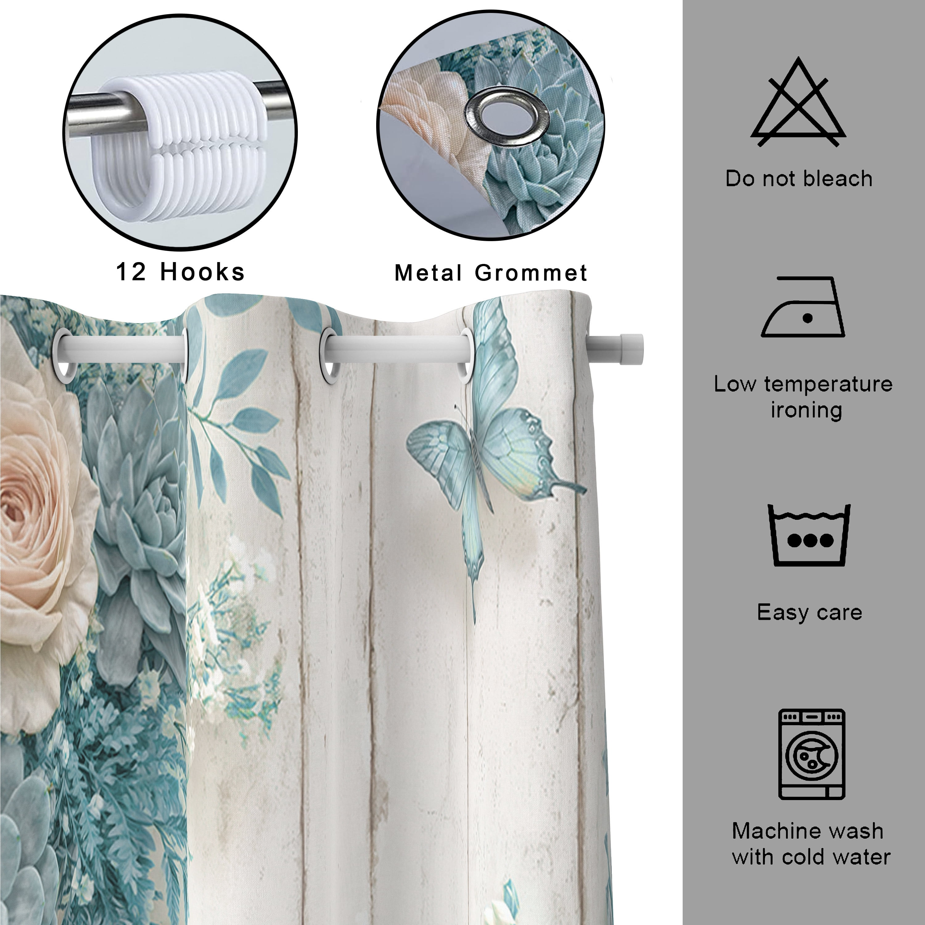 Blue Floral Shower Curtain - Farmhouse Rustic Rose Butterfly Bathroom Curtain Boho Botanical Waterproof Fabric Set with 12 Hooks,70X85in