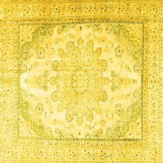 Ahgly Company Machine Washable Indoor Square Persian Yellow Traditional Area Rugs, 5' Square