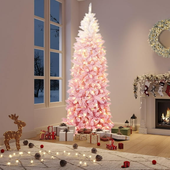Historyli 4.5FT Prelit Christmas Tree with Lights,Snow Flocked Artificial Skinny Pencil Tree,Foldable Base,Xmas Decor for Home Party Office,White & Pink