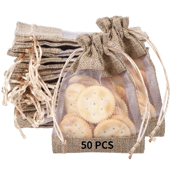 50 PCS Drawstring Burlap Bags, 5.5 x 3.7 in Small Mesh Jute Present Sacks, Reusable Present Favor Pouches for Wedding, Bridal Shower, Birthday Party, Craft Packaging Supplies