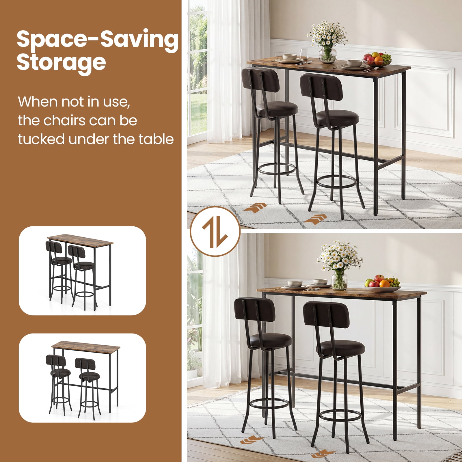 Gymax Industrial Bar Table Set Space-Saving Pub Table & Stools Set for Dining Room