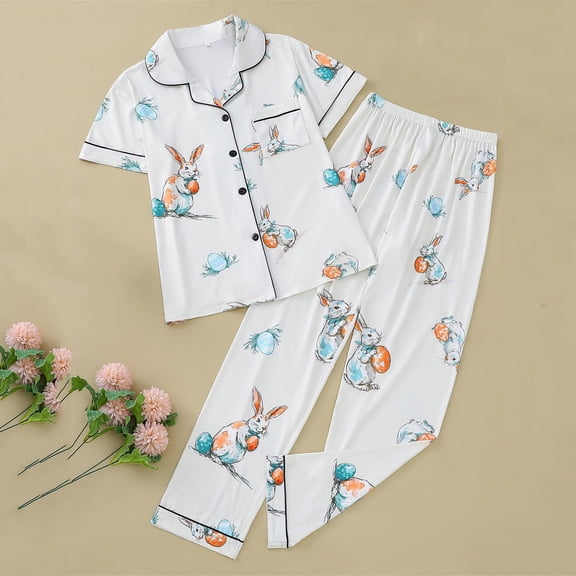 SwiftWear Women's Easter Bunny Cute Pajama Set Lapel Collar Button Down Lounge Wear Short Sleeve Sleep Set, White