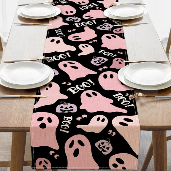 Halloween Cute Ghost Boo Dining Table Runner, Pink Spooky Bat Burlap Kitchen Decoration, Funny Pastel Indoor Outdoor Home Decor Party Supply 13''x72''