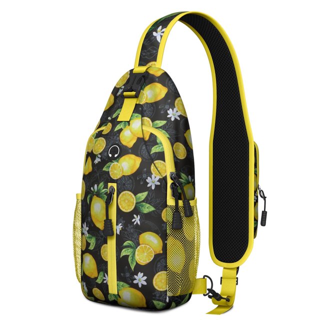Fresh Yellow Lemon Print Sling Backpack, Cute Summer Fruit Design Crossbody Daypack with Retro Vintage Floral Patterns, Lightweight and Durable