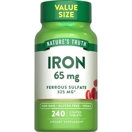Iron Tablets 65mg | 240 Count | 325mg Ferrous Sulfate | For Men and Women | by Nature's Truth