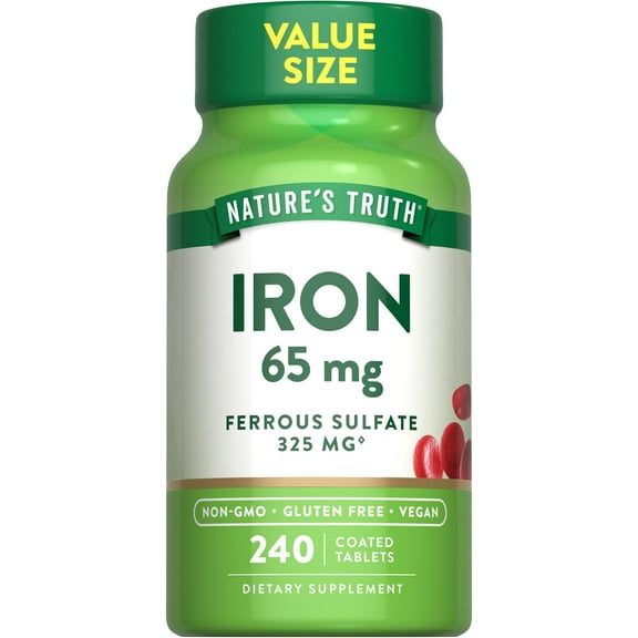 Iron Tablets 65mg | 240 Count | 325mg Ferrous Sulfate | For Men and Women | by Nature's Truth