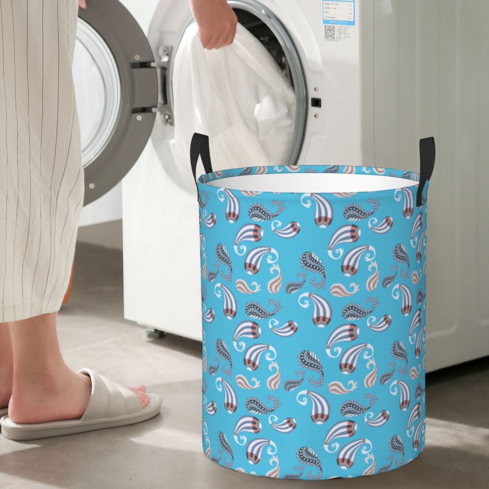 Large Laundry Basket with Handles - Lightblue Abstractly Fish Kids Baby Dirty Clothes Laundry Hamper for Bedroom Aesthetic
