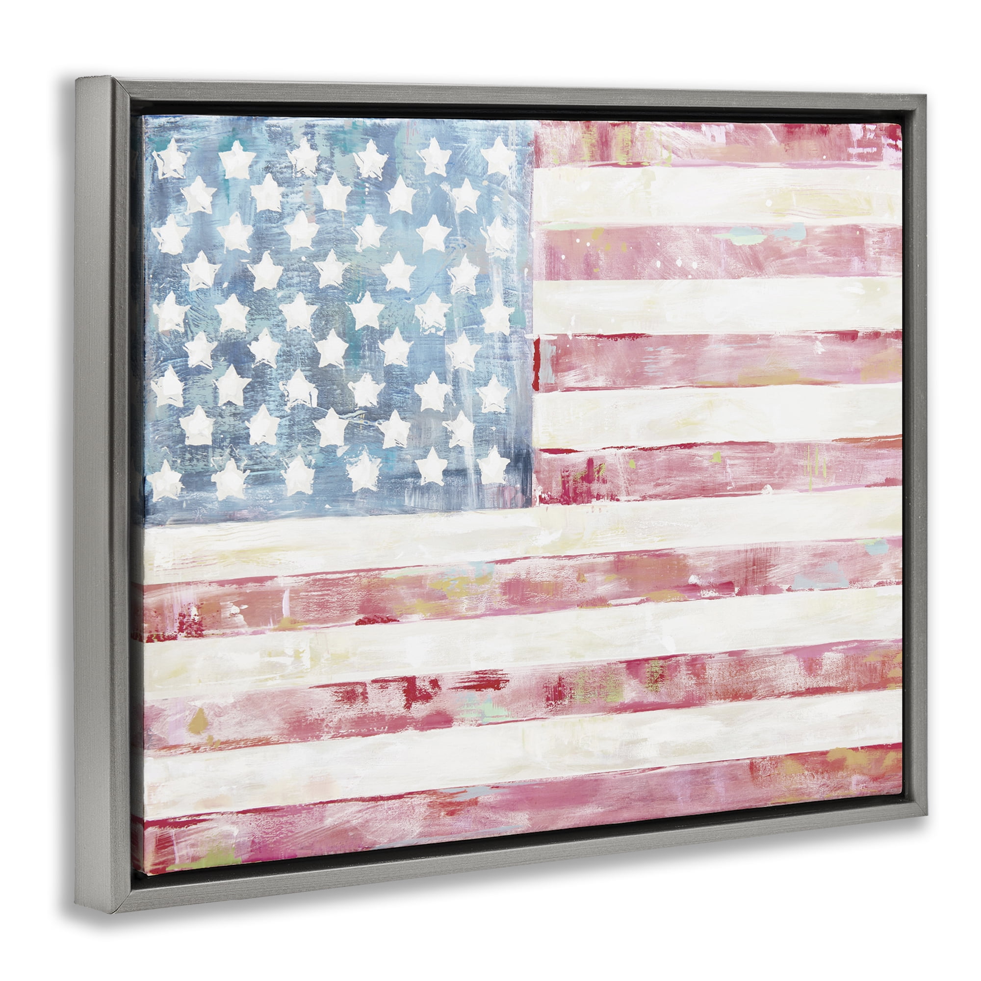 Stupell Industries Patriotic Brushed Flag Town & City Painting Gray Floater Framed Canvas Art Print Wall Art, 31 x 25