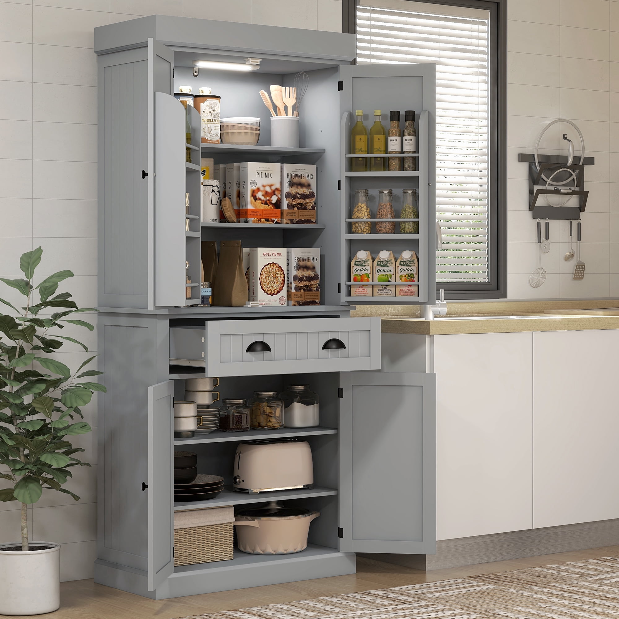 HOMCOM 71" Kitchen Pantry Cabinet with Large Storage and LED Lights, Gray