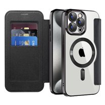 Cutyskin for iPhone 15 Pro Max Flip Wallet Case, Built-in Camera Lens Protector [Compatible with MagSafe] Plating Transparent Business PU Leather RFID Blocking Credit Card Slots Phone Case,Black