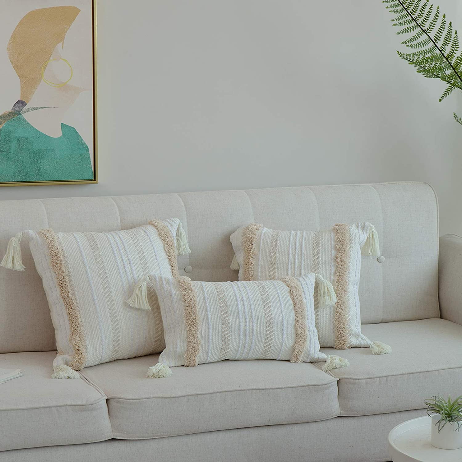 Htooq Boho Throw Pillow Covers 20x20 Neutral Tufted Decorative Pillows Cover For Bed Large Square Couch Pillow Cover Modern Accent Farmhouse Throw Pi