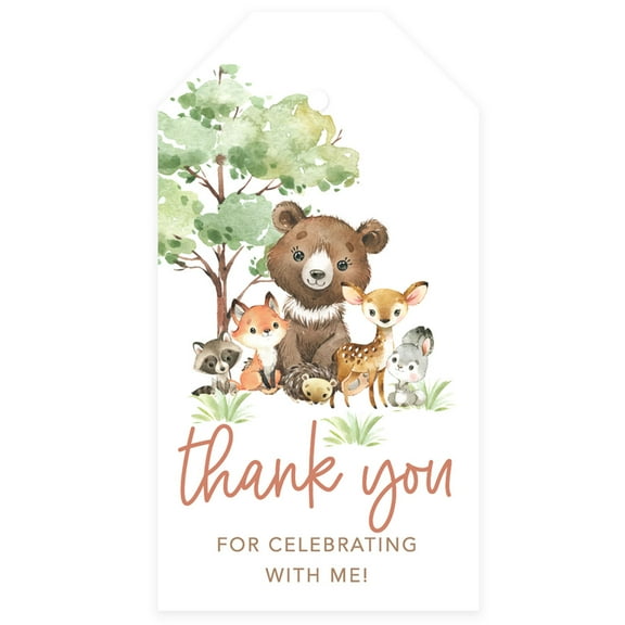 Koyal Wholesale Kids Party Favor Classic Thank You For Celebrating With Me Gift Tags with String, Woodland Animals Tags