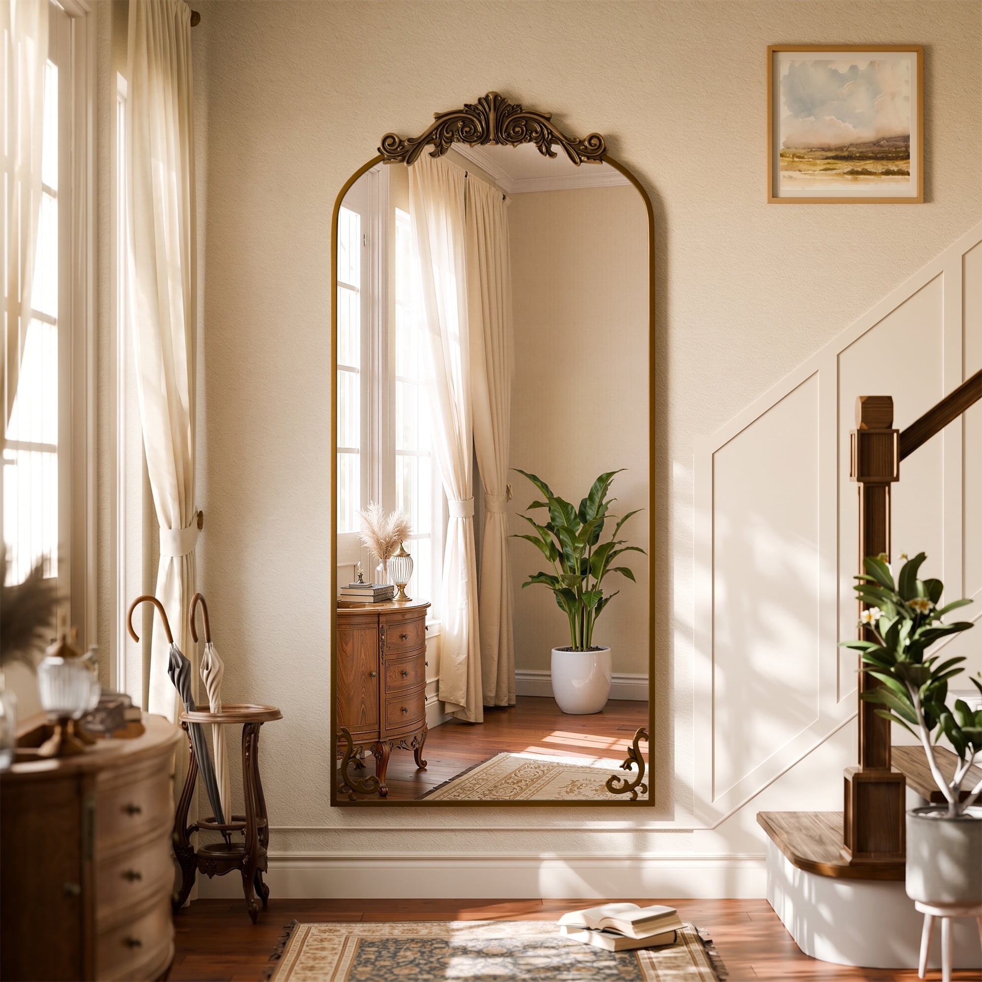 ‌Auromir‌ 32"x71" Vintage Arched Full Length Mirror Antique Metal Floor Mirror with Baroque Style, Antique Bronze