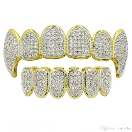 14K Gold Plated Hip Hop Iced Out CZ Grillz Fang Top & Bottom Grill Mouth Teeth