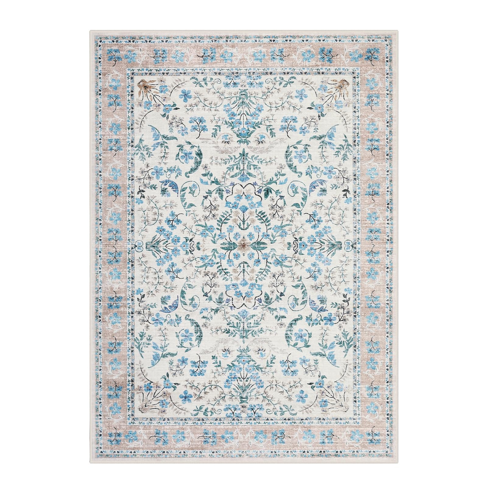 Area Rug 9x12 for Living Room, Washable Non Slip Low Pile Rugs, Floral Soft Carpet for Living Room, Bedroom, Dining Room, Blue