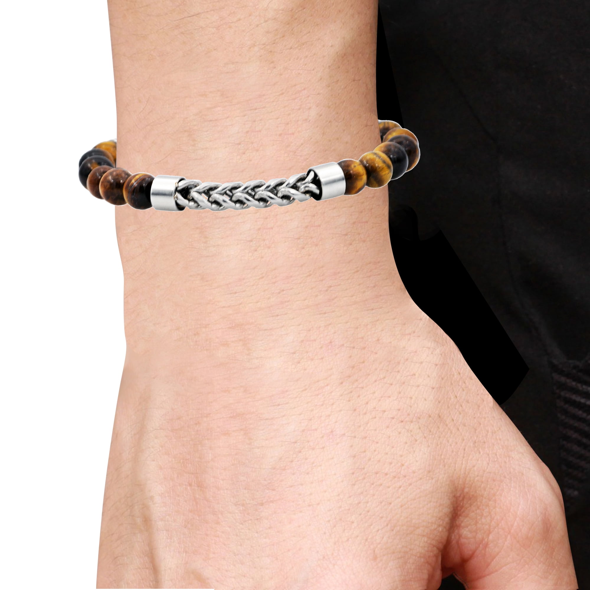 Arista Genuine Tiger Eye Men's Bracelet with Adjustable Clasp in Stainless Steel Beaded And Franco Link Chain , 8.5"