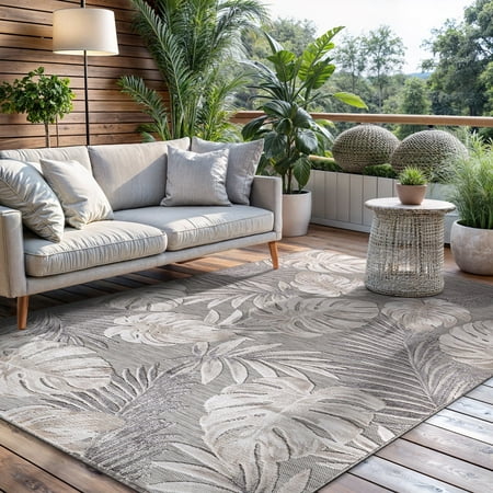 CAMILSON Spring Leaf Tropical Botanical Easy-Cleaning Non-Shedding Washable Outdoor Indoor Area Rug Beige 6x9 ( Slightly Used)