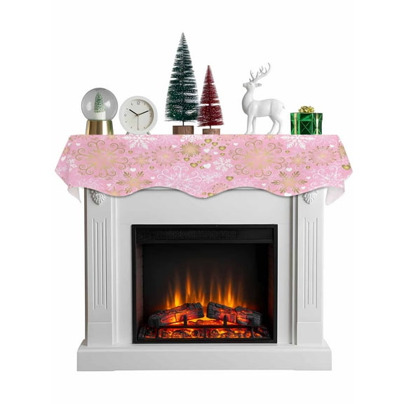 Christmas Pink Mantel Scarf Fireplace Decorations for Living Room, Xmas Winter Snowflakes New Year Holiday Fireplace Mantel Scarf Cover Runner for Halloween/Thanksgiving/Christmas Decor 70"x17"