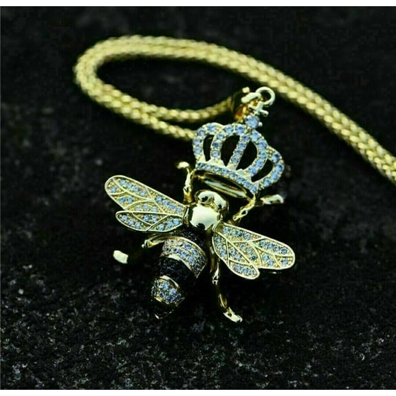 14K Yellow Gold Plated 2 Ct Simulated Diamond Queen Bee Charm Pendant With Chain