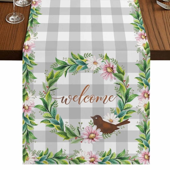 Table Runners 48 Inches Long Dress Scarves, Spring Botanical Farmhouse Kitchen/Dining Table Runner, Short Coffee Tablerunners, Garden Birds Floral Leaves Gray Plaid 13x48 Inch
