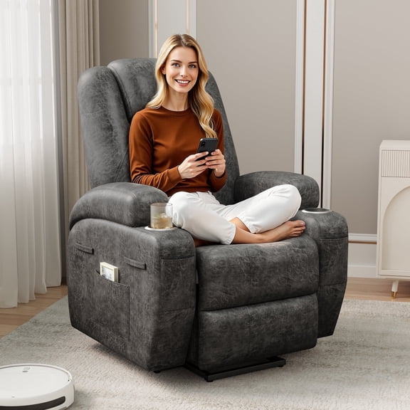 Vineego Power Lift Recliner Chair with Massage - Remote Control, Leathaire Fabric, Cup Holders for Elderly & Home Theater,Black