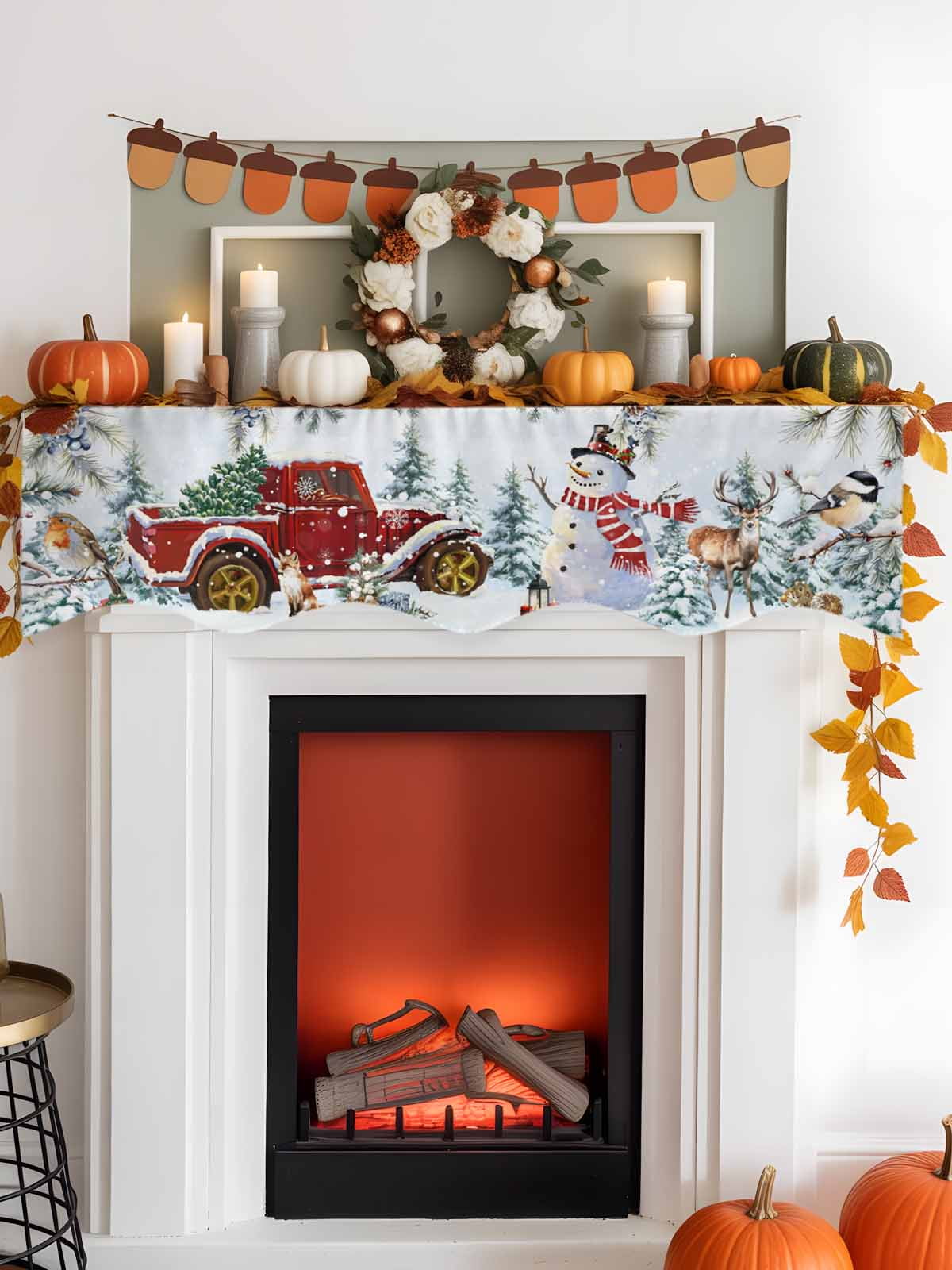 Christmas Fireplace Mantle Scarf Xmas Snowman Truck Pine Tree Leaf Animals Blue Snow Mantel Cover Runner Fireplace Cloth for Holiday Party Home Living Room Decor 70 x 17 Inch