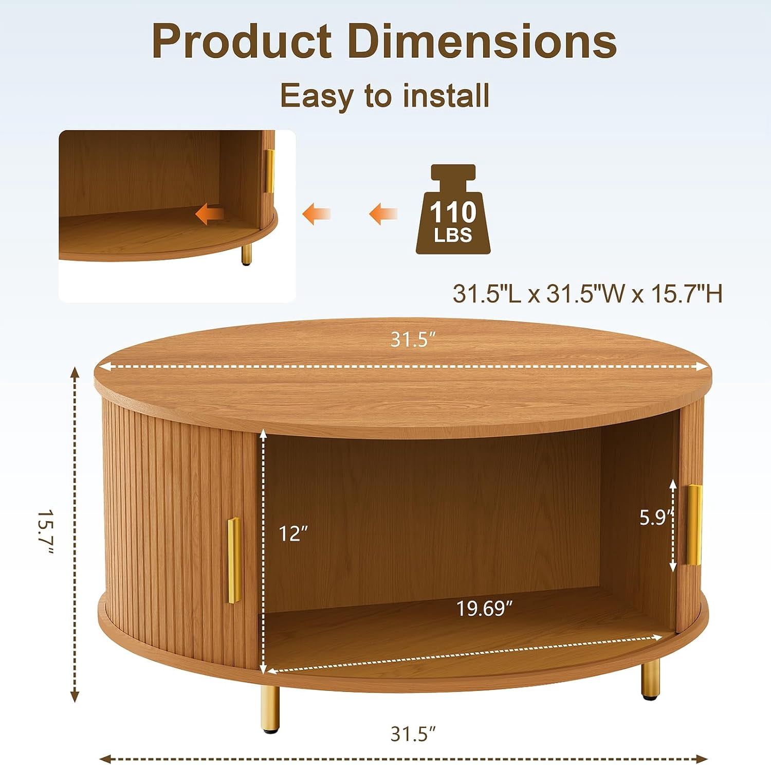 31.5-Inch Round Mid-Century Modern Coffee Table with 360° Sliding Tambour Door, Fluted Design, Storage, Adjustable Footpads, Yellow Walnut