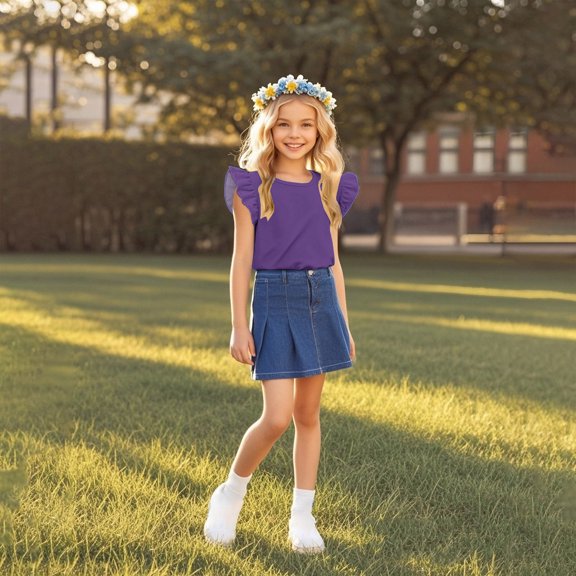 Eltusu Girls T-shirts, Solid Color Pullover Crew Neck Ruffle sleeve Short Sleeve Tops Purple Size 3-15 T
