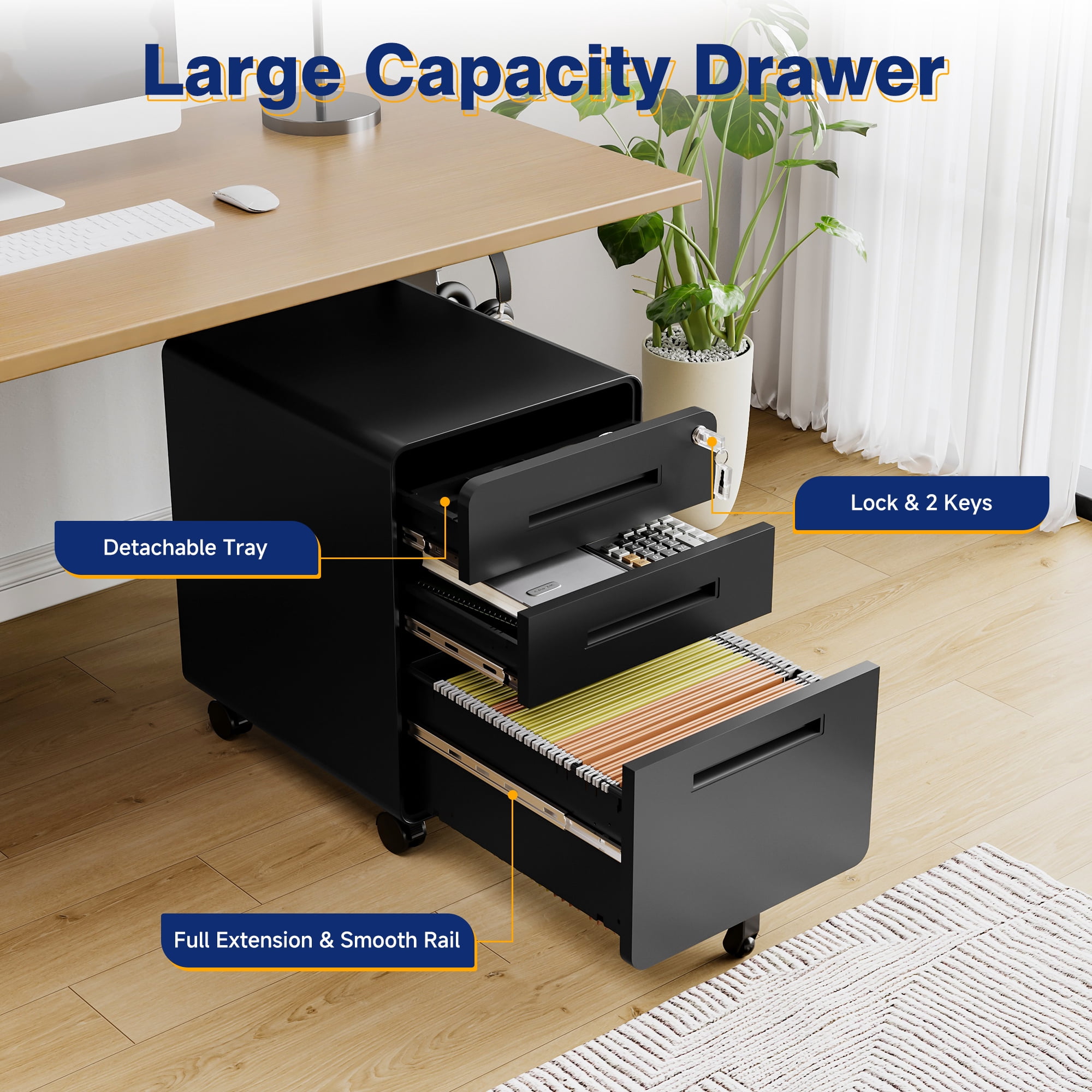 AUHUP 3 Drawer Mobile File Cabinet with Lock, Metal Filing Cabinet with Wheels for Legal/Letter/A4 File, Under Desk File Cabinets for Home Office,Black,Fully Assembled