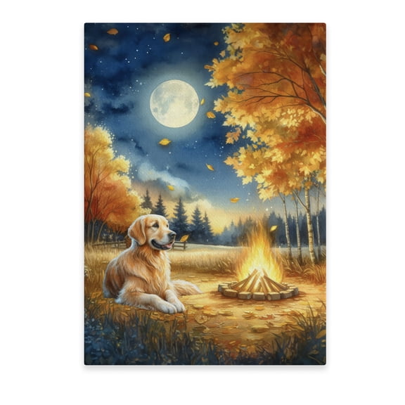 Hello Fall Golden Retriever Enjoys Warm Campfire Autumn Night Bright Moon Vertical Matte Canvas Poster Goldens Dog Lover Gifts Idea Wall Art Home Decor - 01008