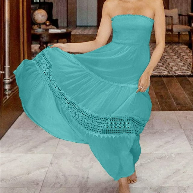 Fankiway Robe Tube Sans Manches en Dentelle Unie pour Femmes Été Décontracté Plage Robes d'Été pour Femmes Liquidation Robes Grande Taille Liquidation